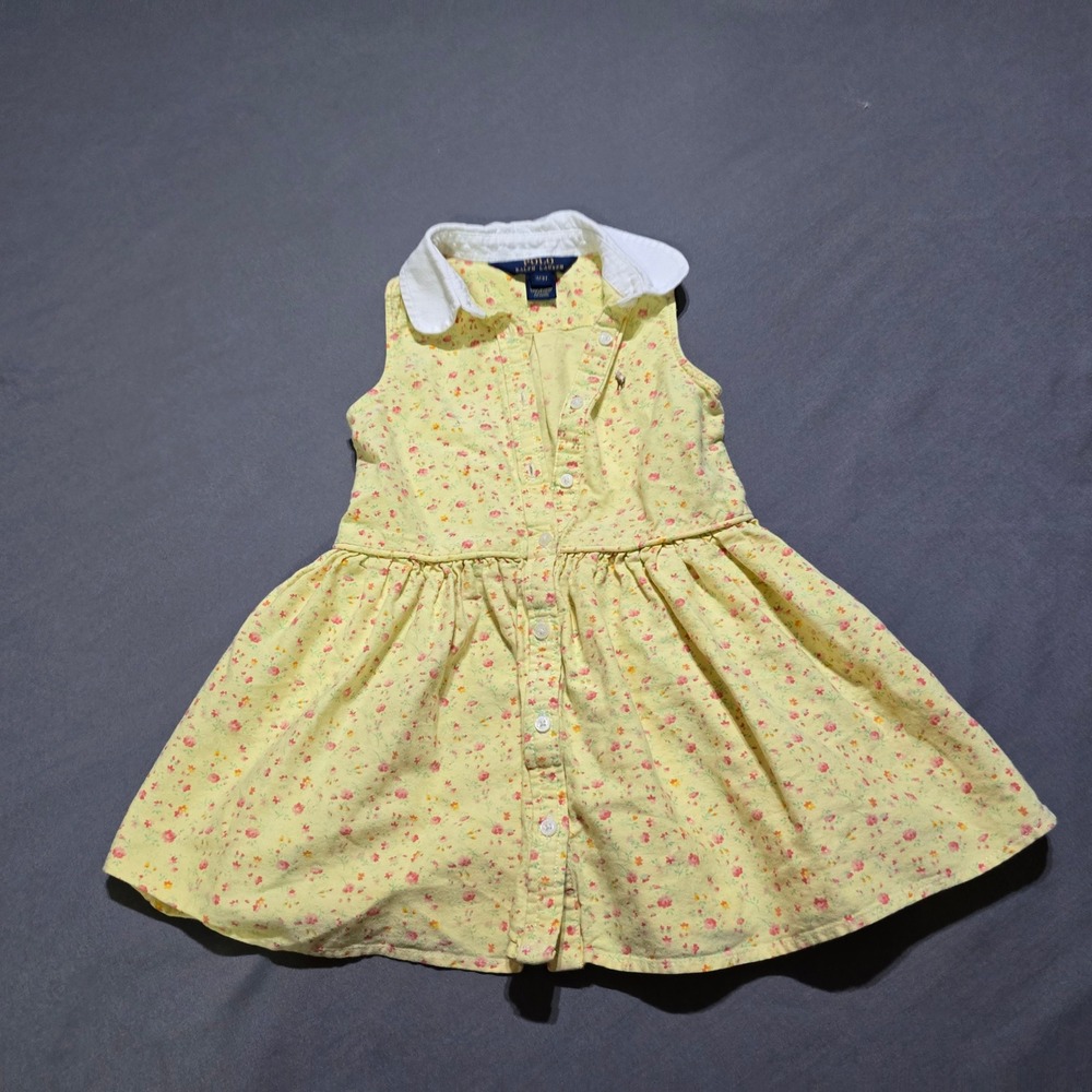 Polo Ralph Lauren Dress Kids 3T Yellow Floral Oxford Sleeveless Peter Pan Collar